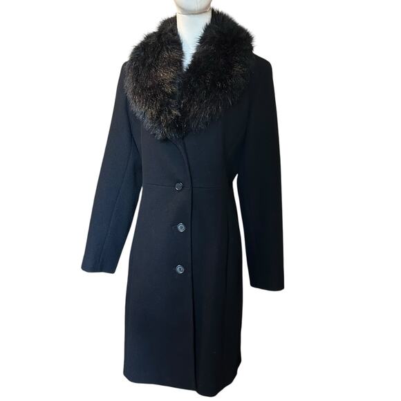Outbrook 100% Wool Jacket Faux Fur Shawl Collar SZ M 8-10 Black Overcoat Preppy - Picture 2 of 12